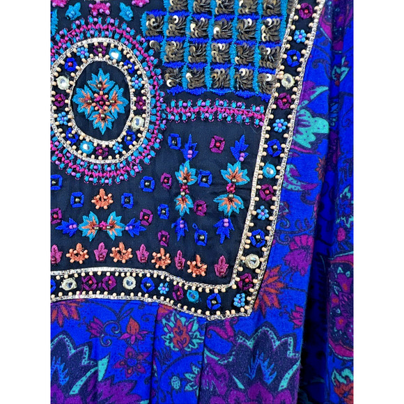 Soft Surroundings Womens 2x BoHo Top Tamuri Tunic Blue Floral Beaded Blouse XXL - Picture 6 of 14